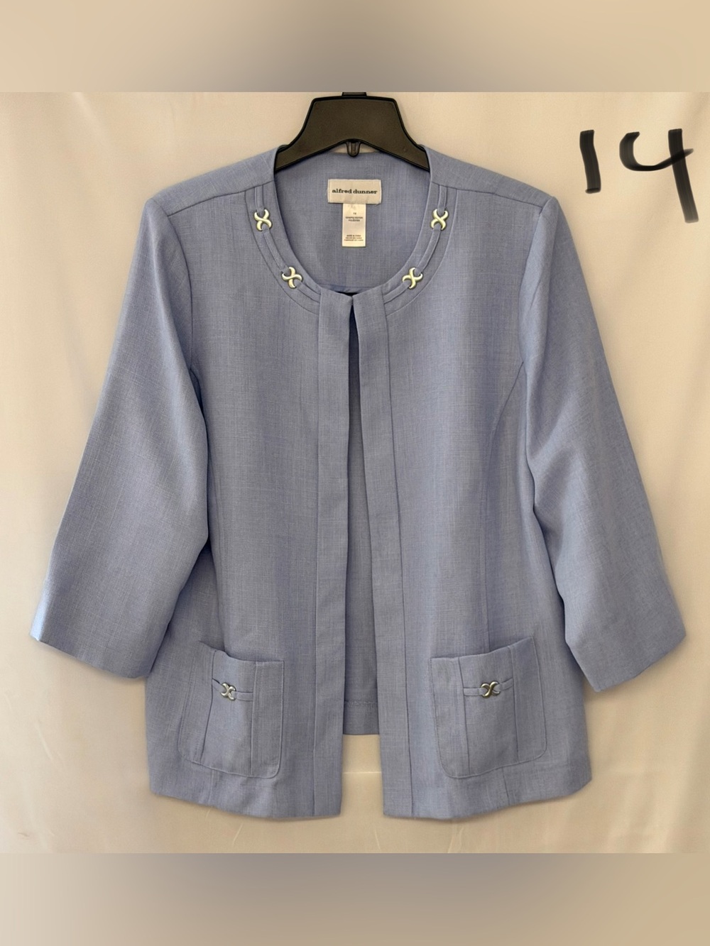 Alfred Dunner Light Blue Cropped Open Jacket with Decorative Accents